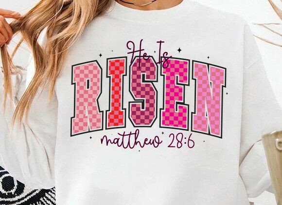 He is Risen PNG: Checkered Christian T-Shirt Designs